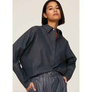 Marissa Webb Jacket Shirt Womens M Navy Blue Batwing Shirt Snap Faux Leather